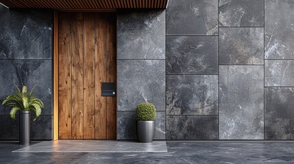 a modern aesthetic of entrance door featuring a wood effect, complemented by sleek wall covering....