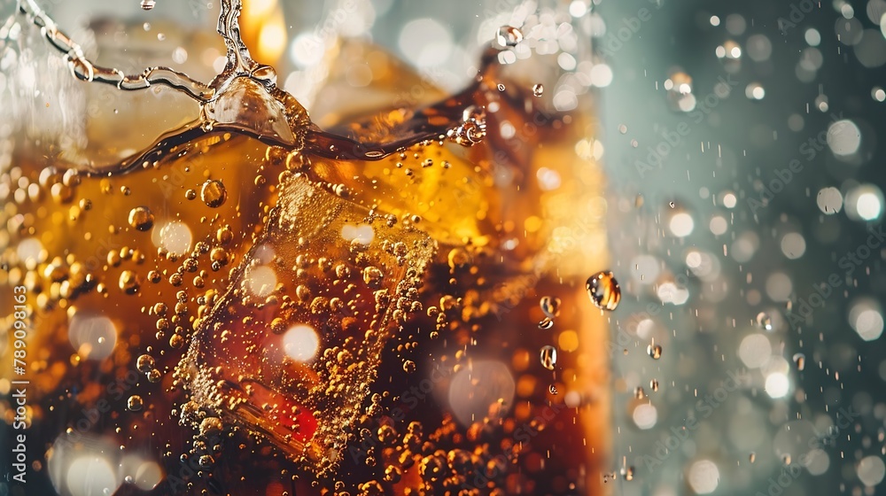 Leinwandbilder Pouring of Cola and Ice Cola soda and ice splashing fizzing or floating up to top of surface Close up of ice in cola water Texture of carbonate drink with bubbles in glass Cold drink b : Generative AI