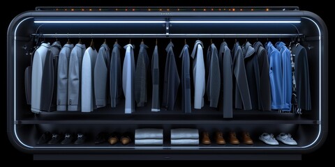 Futuristic 3D render of a high-tech, AI-powered clothing rack with a sleek, metallic design and holographic, customizable fashion suggestions
