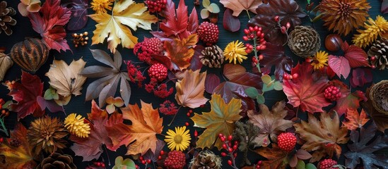 Artistic arrangement of vibrant fall foliage. Overhead view. Autumn theme.