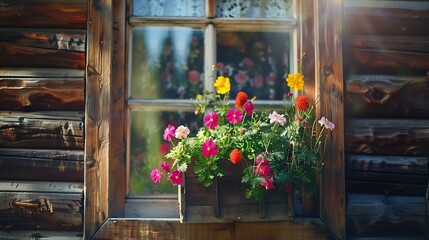 Rustic window with flowers in an old wooden house closeup : Generative AI