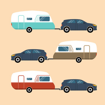 Car towing a caravan, campers in various colors.