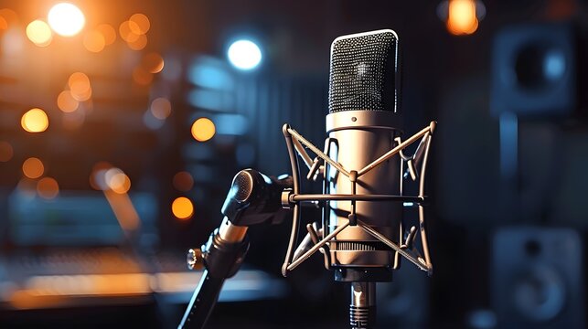 Close up shot of a professional microphone in the sound recording studio for voice over and dubbing, with a concept of podcasting.