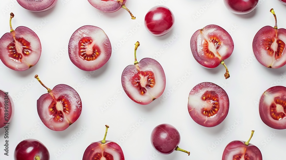 Poster Red grapes and half sliced isolated on white background Top view Flat lay Grape pattern texture background : Generative AI