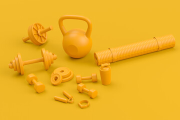 Isometric view of sport equipment like kettlebell, fitness ball and yoga mat