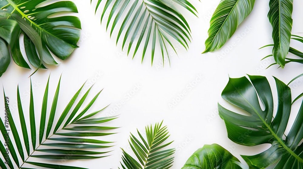 Poster tropical palm leaves on white background summer concept flat lay top view copy space : generative ai