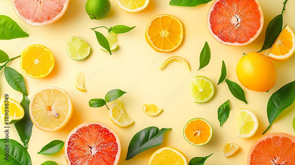Aufkleber creative background made of summer tropical fruits with leaves grapefruit orange tangerine lemon lim