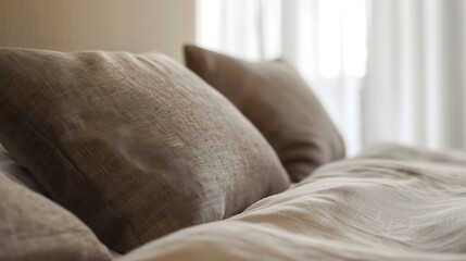 Close up side view of the pillows and headboard of an empty double bed with brown and beige linen : Generative AI