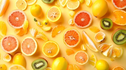 Orange flatlay covered in tropical fruit like lemon kiwi mango ananas passion fruit grapefruit Summer vibes background fresh healthy food : Generative AI - obrazy, fototapety, plakaty