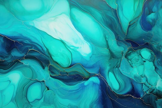 Abstract Blue liquid Watercolor Marbled background with golden stains. Cyan marble alcohol ink drawing effect. Design template for wedding invitation, banner and print