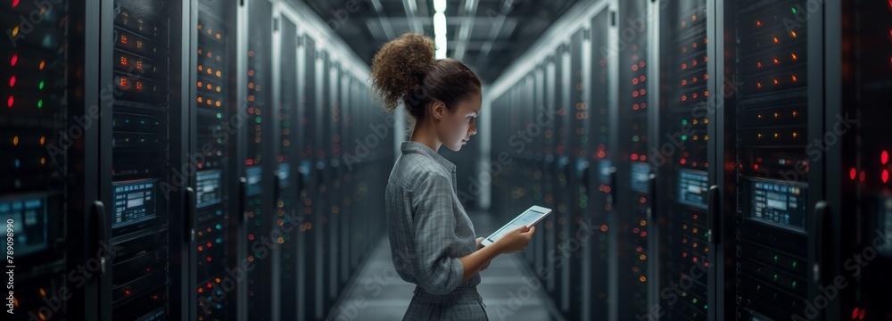 Leinwandbilder A female engineer solves complex data processing and information security tasks in a data center. Data security expert at data center is actively working on analysis and improvement computer systems