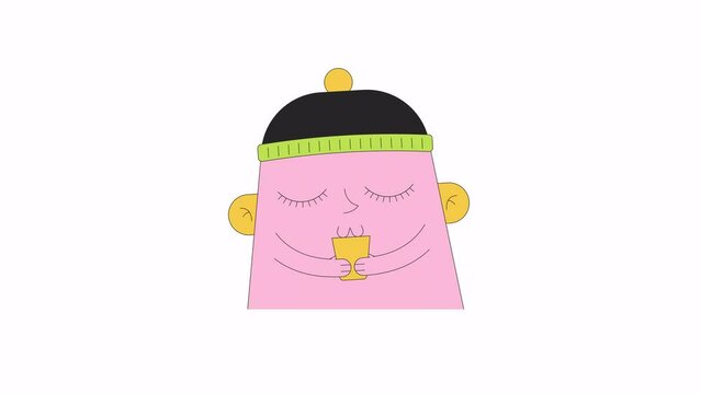 Funny personage slurping coffee cup line 2D character animation. Drinking from mug flat color cartoon 4K video, alpha channel. Pom pom hat surrealistic creature animated personage on white background