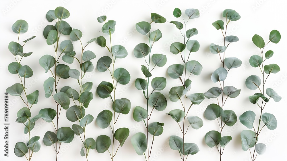 Aufkleber green eucalyptus branches on a white background flat lay top view : generative ai