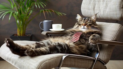 A Felidae lounges in a chair with feet up, donning a tie for comfort