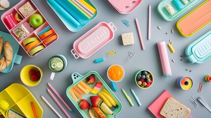 Flat lay composition with lunch box tasty healthy food and school stationery on grey table : Generative AI