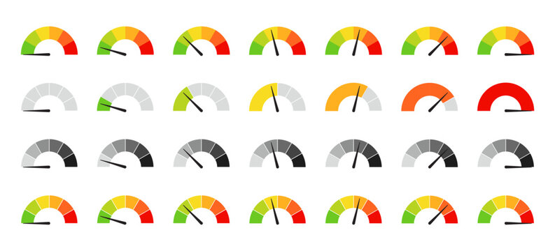 Meter Level. Speedometer, gauge meter template. Scale, level of performance dial indicator. Infographic of risk, gauge, score progress.