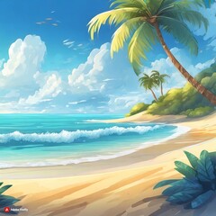 Naklejka premium beach paradise tropical sands and sea background banner anime cartoon style 3D 