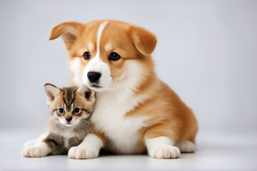 Welsh hugging white Pembroke Corgi puppy backgr cat isolated friends friendly relation gazing striped portrait hug kitten care young attentive couple purebred