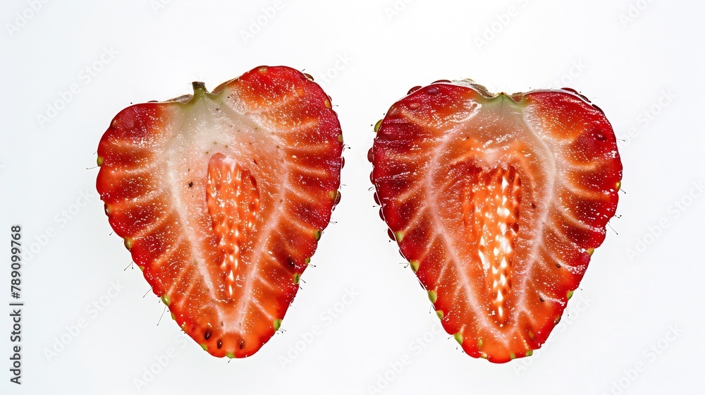 Poster Top view of fresh red strawberries slice isolated on white background Summer berries textured background Flat lay Macro shot of strawberry cut in a half : Generative AI