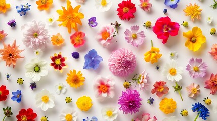Creative pattern made of colorful spring flowers with copy space Minimal style Flat lay : Generative AI