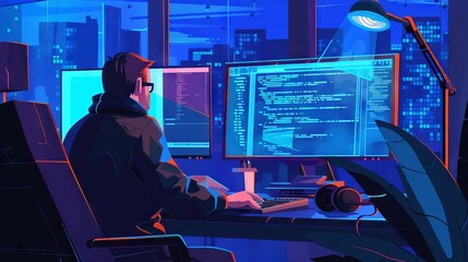 Dedicated software developer at workstation engaged in script writing and cybersecurity tasks in modern office environment