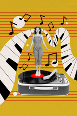 Vertical photo collage glamour girl dance rhythm vinyl plate piano music note recorder sound retro...