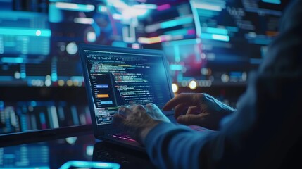 Dedicated programmer engaging in software development with java script code on laptop screen, embracing iot and digital technology innovations