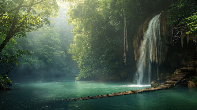 A waterfall in a jungle with a bridge in front of it

