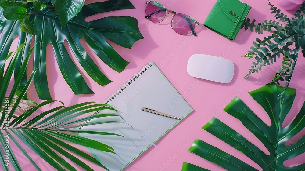 Poster office table desk with computer green leaves palm clipboard magazines social media top view flat lay