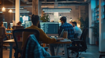 Obraz premium Dedicated programming team collaboratively solving complex issues and crafting innovative software solutions in a modern tech company workspace