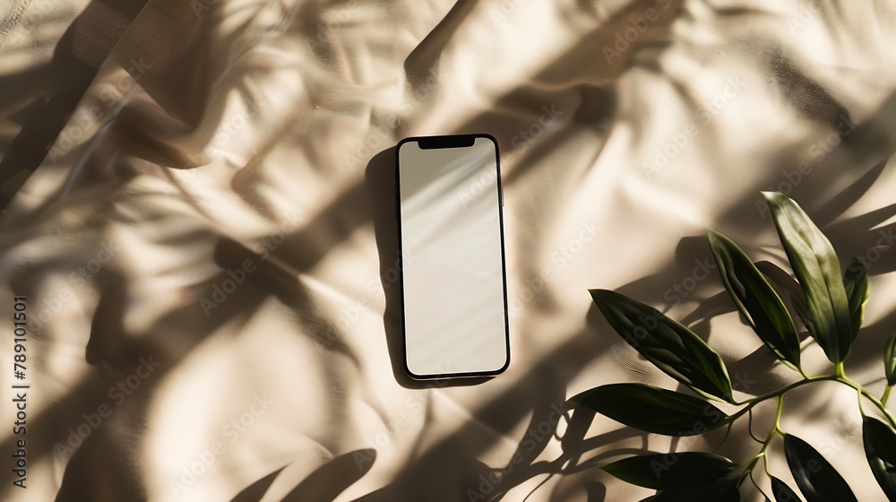Aufkleber Aesthetic business background flat lay with mobile phone and sunlight shadows on a beige tablecloth : Generative AI