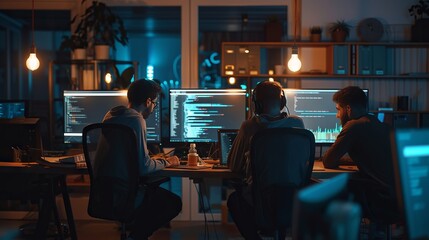 Dedicated programming team collaboratively solving complex issues and crafting innovative software solutions in a modern tech company workspace