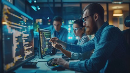Dedicated programming team collaboratively solving complex issues and crafting innovative software solutions in a modern tech company workspace