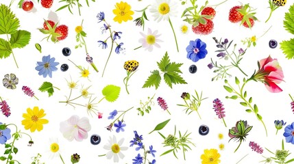 Fototapeta premium Seamless pattern from plants wild flowers and berries isolated on white background flat lay top view The concept of summer spring Mothers Day March 8 : Generative AI