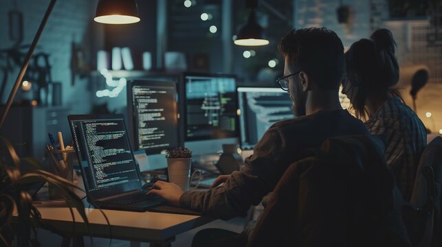 Dedicated programming team collaboratively solving complex issues and crafting innovative software solutions in a modern tech company workspace