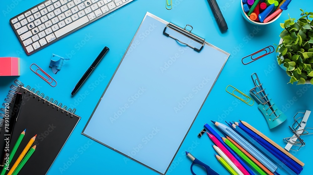 Poster flat lay top view office table desk workspace with blank clip board keyboard office supplies pencils