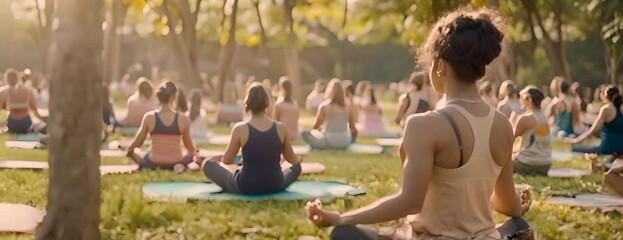A yoga instructor leading a class of students in an outdoor yoga session on International Yoga Day. 4K Motion
