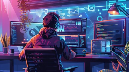 Fototapeta premium Innovative software engineer engaged in advanced programming at a high-tech office with multiple digital devices