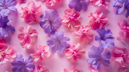 Creative layout made with pink and violet flowers on bright background Flat lay Spring minimal concept : Generative AI