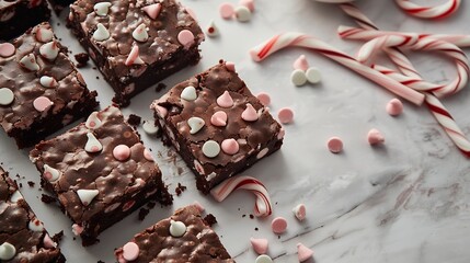 Flat lay Cooling freshly baked peppermint brownies with chocolate peppermint chips on a kitchen...