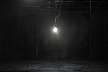 : A single, flickering lightbulb hanging in an otherwise pitch-black room, casting a weak, lonely glow