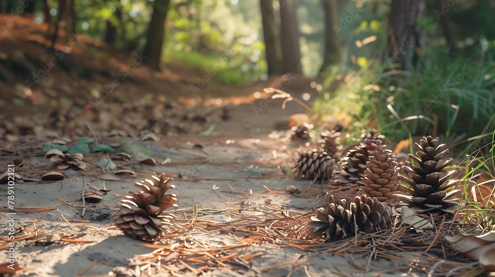 Aufkleber Forest path closeup with cones and roots Low point of view in nature landscape Blurred nature background copy space Park low focus depth Ecology environment : Generative AI