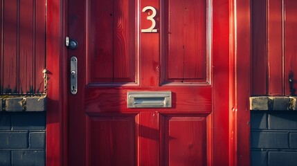 House number 32 on a bright red wooden front door : Generative AI
