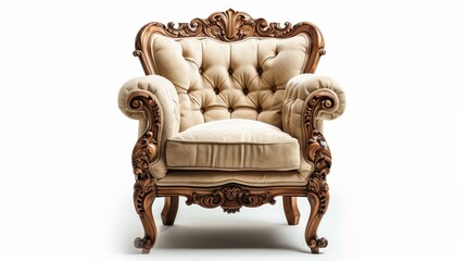 A vintage armchair with intricate wooden carvings and plush upholstery, highlighted on an isolated white background for a timeless appeal