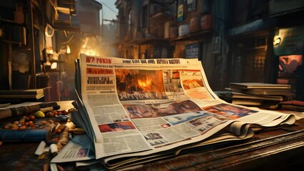 Paper newspaper with the latest world news, print media