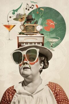 surreal portrait in a pop collage style, a woman 1960s vibes, with a white blouse with red polka dots, musical instruments on the head, big funny  sunglassess, graphic grungy design