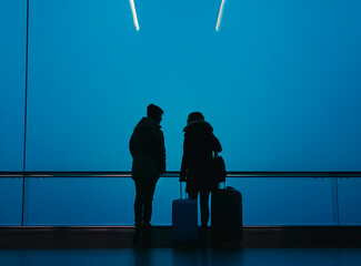 Airport closed due to strike or bad weather, travelers in silhouette waiting in the terminal.