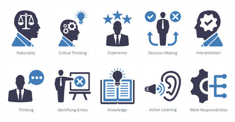 A set of 10 critical thinking icons as rationality, critical thinking, experience