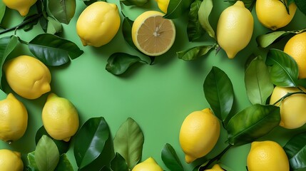 fresh lemons with green leaves on green background flat lay Eco friendly zero waste shopping co2 neutral gardening organic citrus fruits sicilian lemons fruit backgrounds : Generative AI - obrazy, fototapety, plakaty