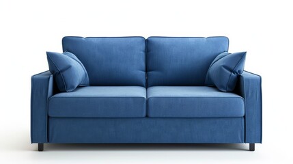 Modern minimalist blue couch that transforms for sleep, highlighting space-saving and eco-friendly features, isolated